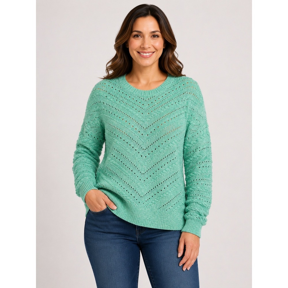 Green Sweater Womens Medium Pointelle Crochet‎ Chevron Cotton